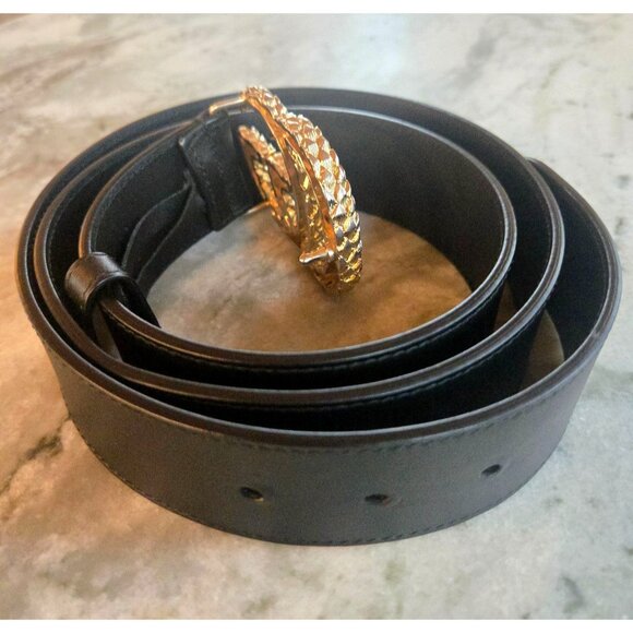 Gucci Black Leather Belt With Double G Marmont Snakeskin Gold Buckle & Box Size - Picture 5 of 10